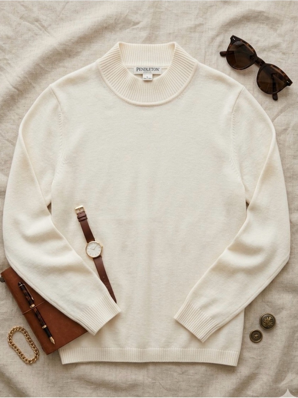 Pendleton Women's Petite Cream Merino Wool Mock Neck Pullover Sweater 715-662 L
